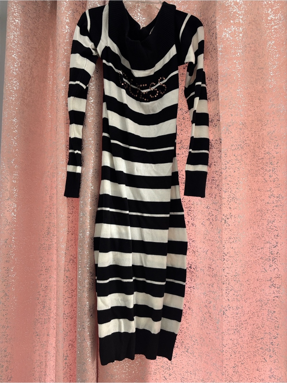 Guess Black and White Striped Long Sleeve Sweater Dress